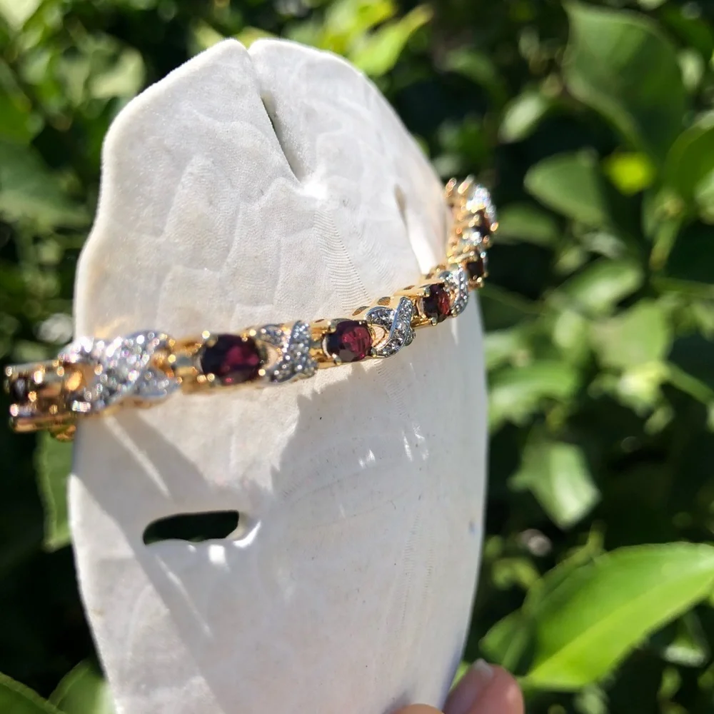 Sterling Natural Garnet Diamond Cut Crossover Vermeil Gold Tennis Bracelet - Picture 9 of 13